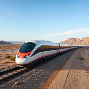 High-speed train of the Brightline West project in desert landscape