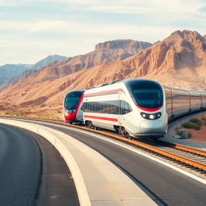 High-speed rail line construction beside a highway in California desert