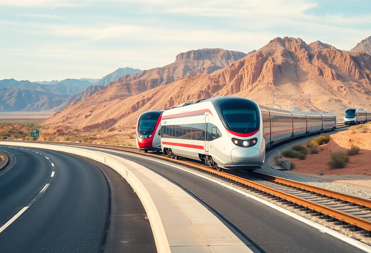High-speed rail line construction beside a highway in California desert