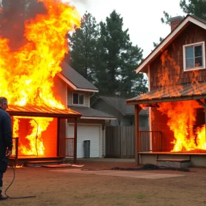 Fire-proofing demonstration showcasing two homes during a controlled fire test.