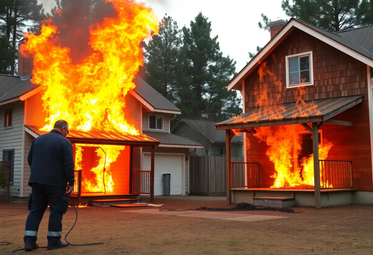 Fire-proofing demonstration showcasing two homes during a controlled fire test.