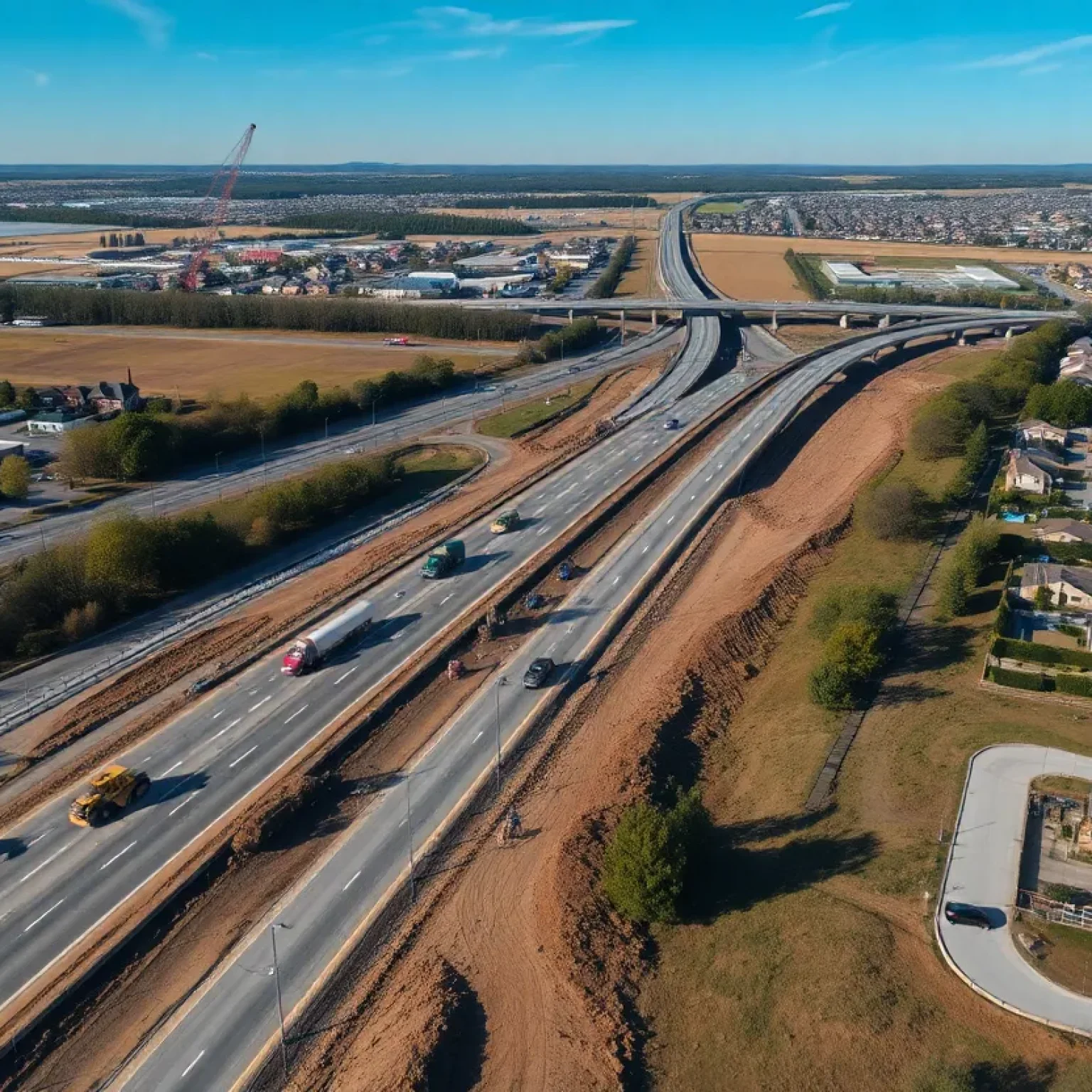 Construction site of the I-5 freeway widening project with visible machinery and residential areas.