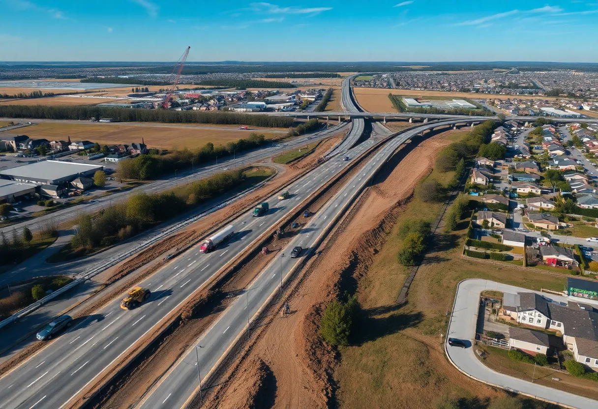 Construction site of the I-5 freeway widening project with visible machinery and residential areas.