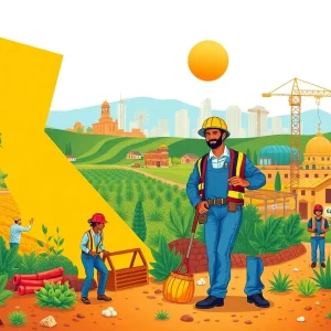 Illustration showing immigrant workers in agriculture and construction in California
