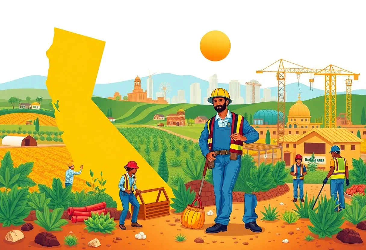 Illustration showing immigrant workers in agriculture and construction in California