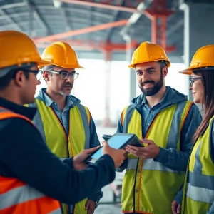 Construction site with teams utilizing AI technology for project management