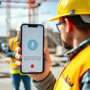 Construction workers using an AI voice assistant on a smartphone on a construction site.