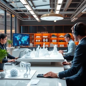 Professionals working with AI design software in a modern studio