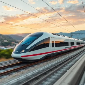 Render of the Brightline West high-speed train traversing between Las Vegas and Southern California.