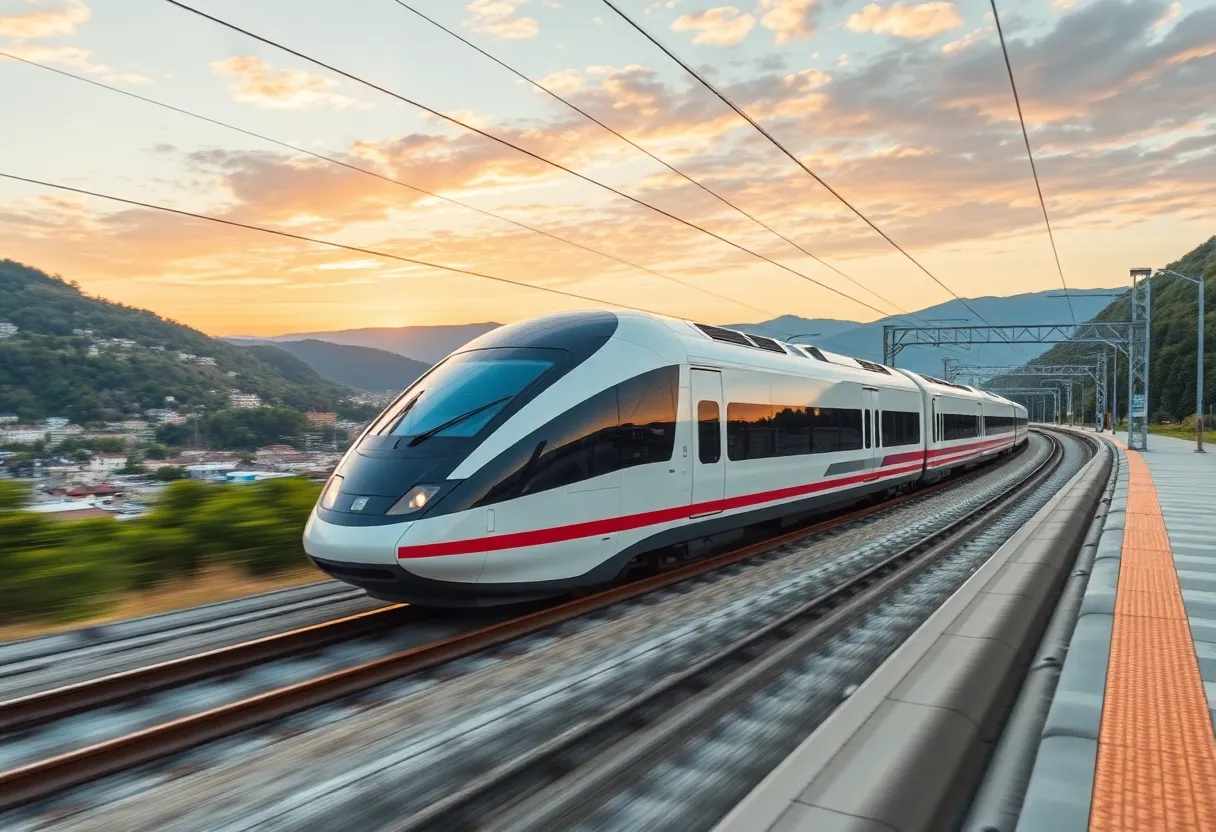 Render of the Brightline West high-speed train traversing between Las Vegas and Southern California.