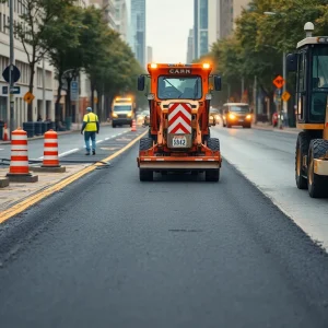 Construction workers paving California Avenue in Bakersfield