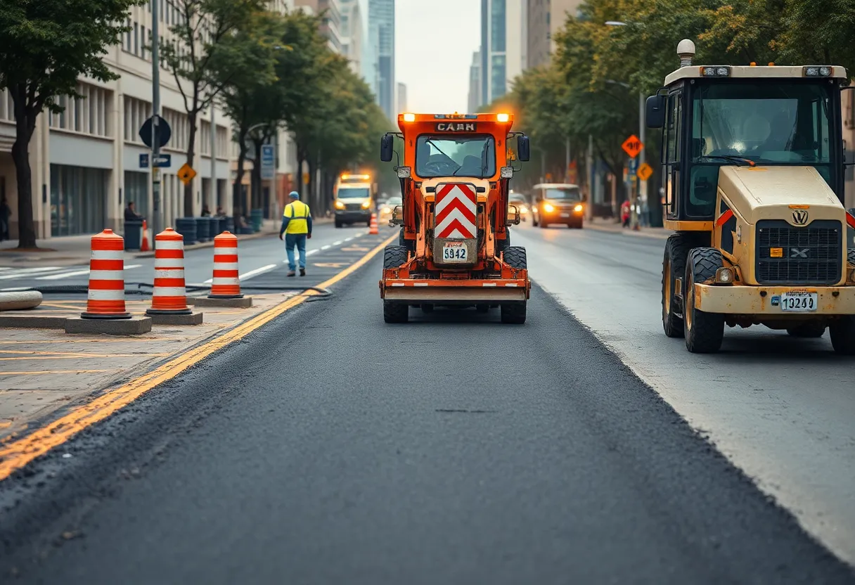 Construction workers paving California Avenue in Bakersfield