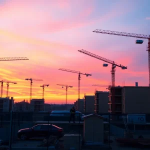 Construction site in California with workers and cranes