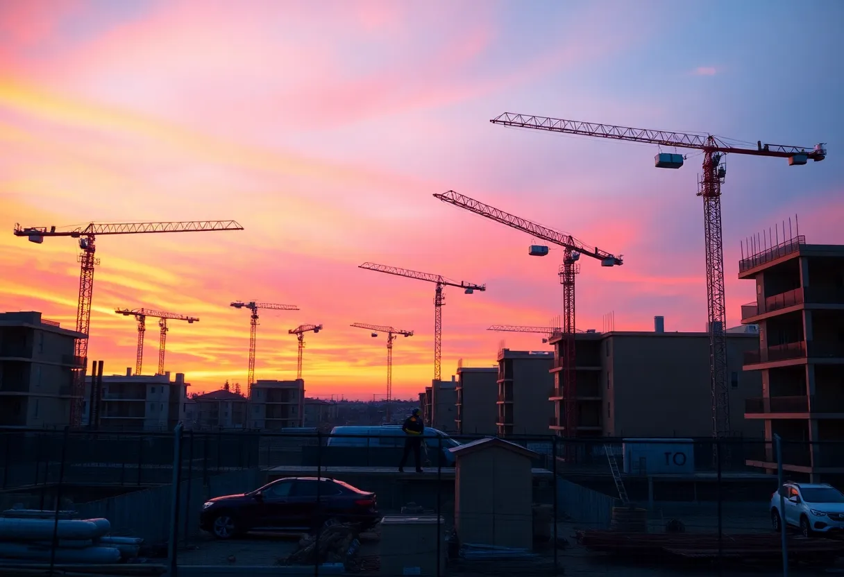 Construction site in California with workers and cranes