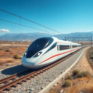 Conceptual image of a high-speed train traveling through California countryside