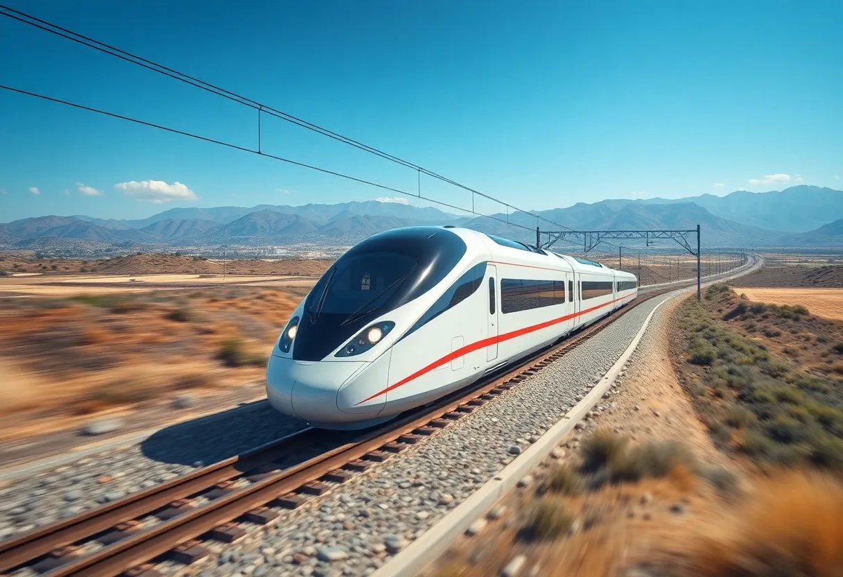 Conceptual image of a high-speed train traveling through California countryside