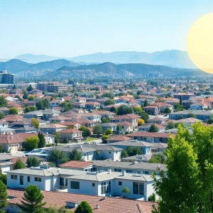 Aerial view of new housing developments in California surrounded by greenery