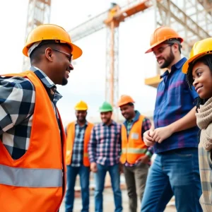 Construction workers collaborating on a federal project