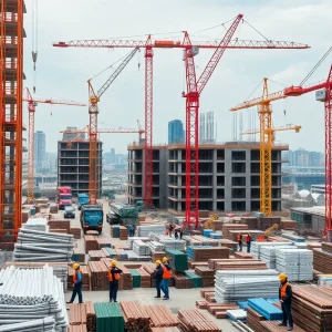 Construction site with workers and materials amidst challenges