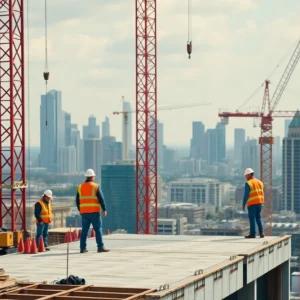 Builders working at a construction site with cranes and city skyline in background