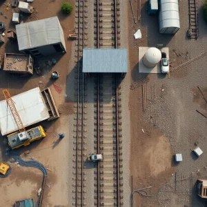 Aerial view of a railway construction site with visible delays.