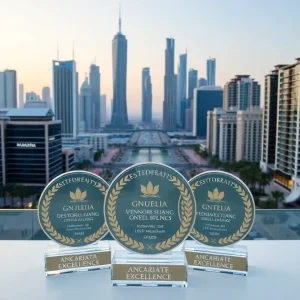 Awards received by Dubai Municipality displayed with a city skyline