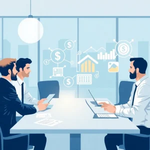 Office scene with mortgage brokers discussing financing solutions