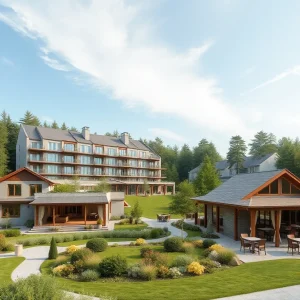 Conceptual rendering of the Enclaves hotel complex with cottages and restaurant.