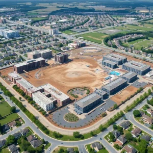 Aerial view of the Fields West mixed-use development construction site in Frisco, Texas.