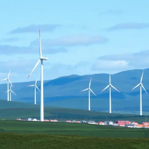 Construction site of Golticlay onshore wind farm with wind turbines in Caithness, Scotland.