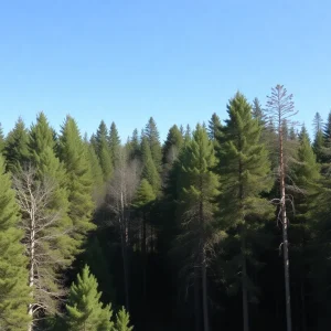 A picturesque forest of softwood trees representing lumber industry