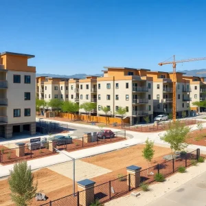 A bustling urban housing development site in California.