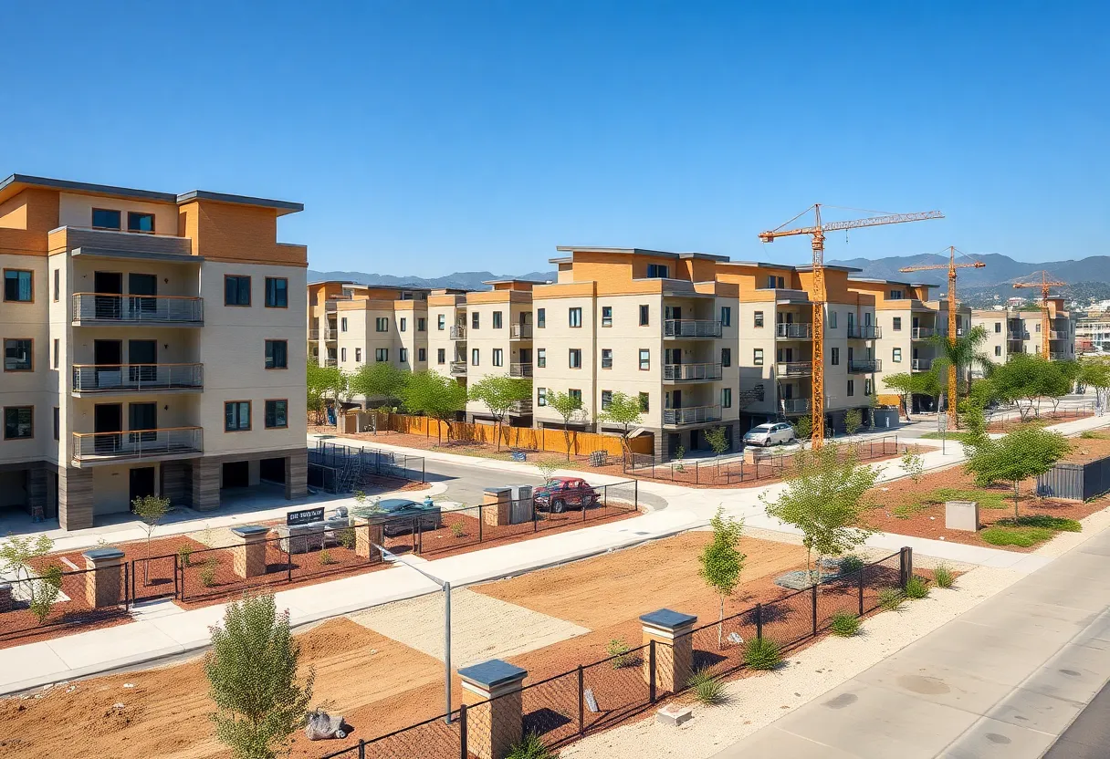 A bustling urban housing development site in California.