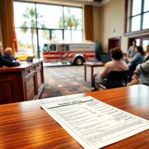 Municipal council meeting with a close-up of a property tax bill and utility notice, fire engine and utility truck visible outside