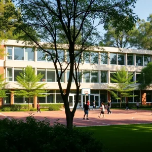 Modern Compton High School campus with students playing outside