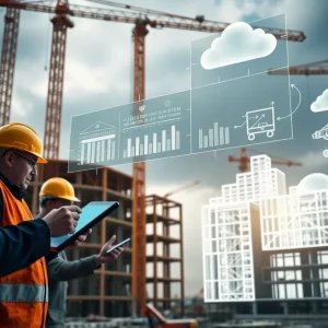 Construction site with digital BIM overlays, workers using tablets and automated equipment