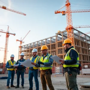 Diverse construction teams in safety gear collaborating around blueprints and tablets on a busy site with cranes and a data center shell in the background