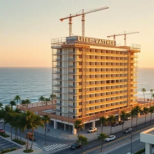 Construction of The Dunes Fort Lauderdale 16-story oceanfront hotel with cranes and scaffolding