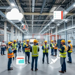 Construction site interior with MEP systems and project teams using tablets showing cloud dashboards for operational readiness tracking.