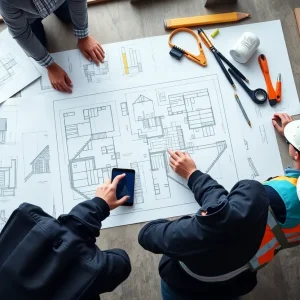 Construction workers collaborating on architectural designs with blueprints and tools.