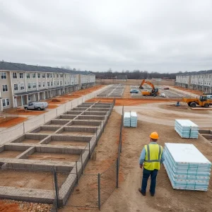 Construction site with foundations and equipment for a planned 48-unit housing development near a township building.
