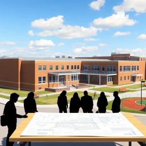 Rendering of proposed elementary wing attached to middle school showing revised courtyard and improved drop-off area