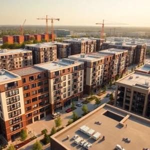 Aerial view of mixed-use multifamily development with retail storefronts, courtyards and rooftop amenities