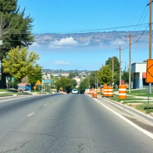 Freshly paved road with construction signs in Chico, California.