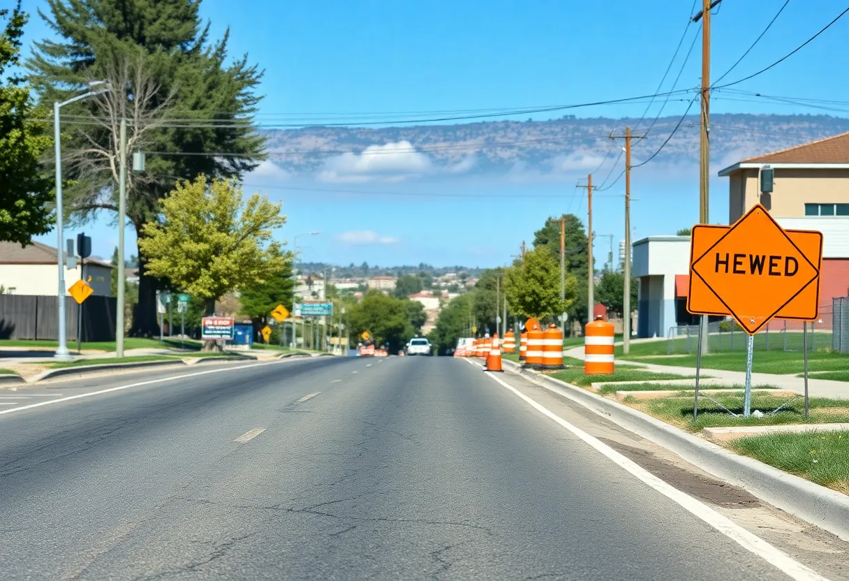 Freshly paved road with construction signs in Chico, California.