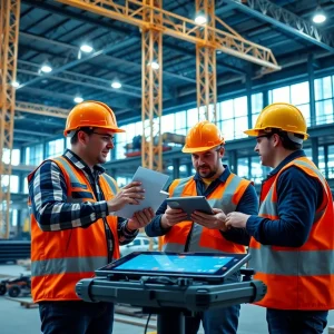 Construction site demonstrating technology and teamwork