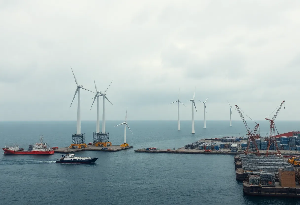 Installed offshore wind turbines and idled service vessels off the coast after construction halt
