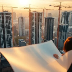 Apartment buildings and construction cranes representing institutional lending and apartment loans expansion