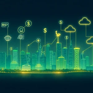 Abstract digital illustration of Brazilian SaaS ecosystem with network lines, currency symbols and growth arrows
