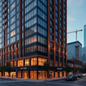Rendering of 19-story glass-and-brick apartment tower at 1221 W. Washington with ground-floor retail in West Loop, Chicago